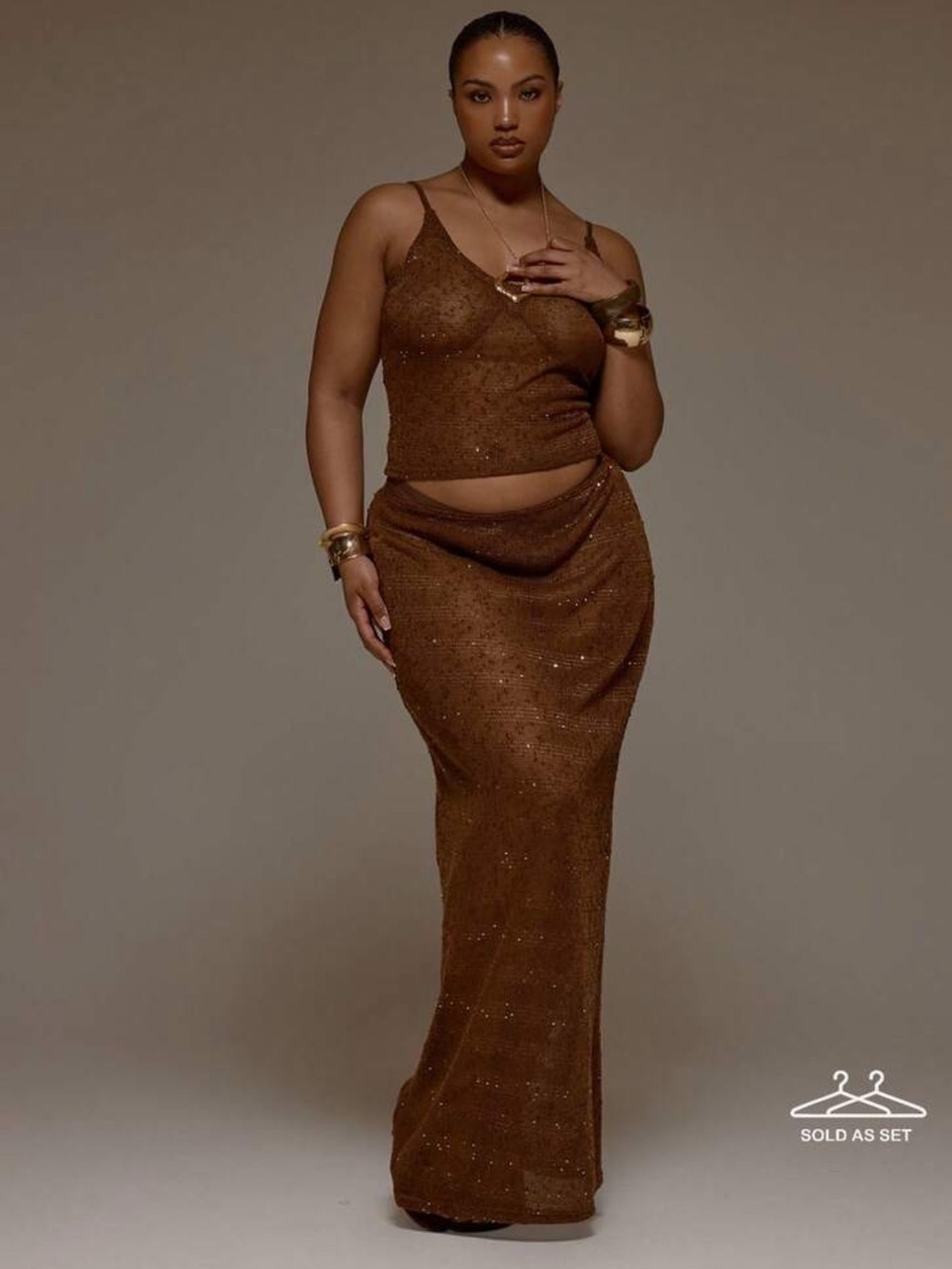 SHEIN Musera Sparkle Brown Knit Skirt Set